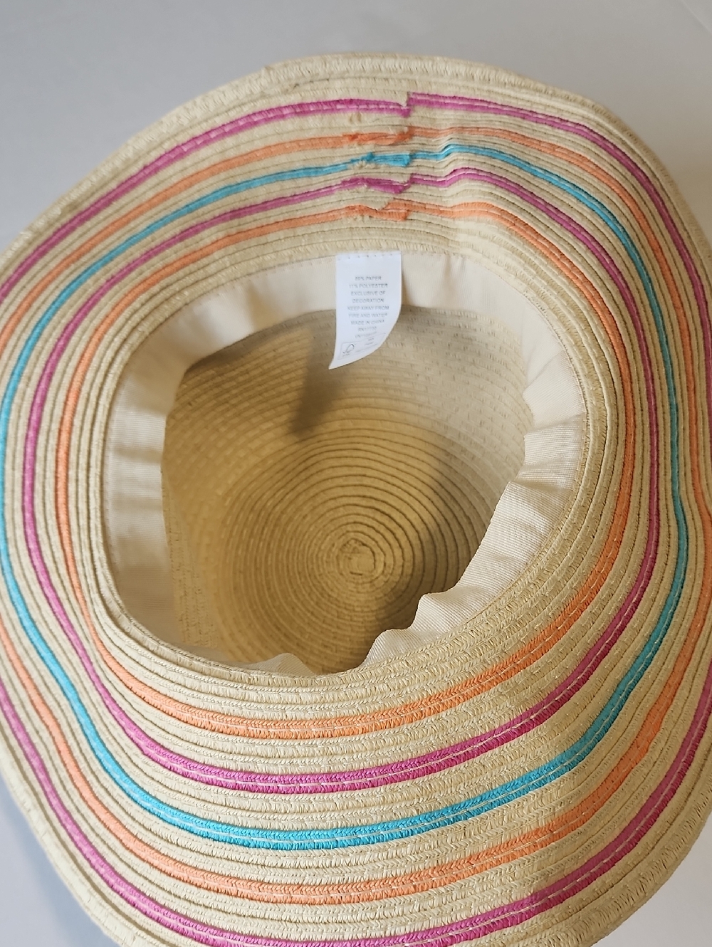 Straw Sun Hat with Multicolor Stripes and Cute Bead Trim Foldable - Picture 4 of 7